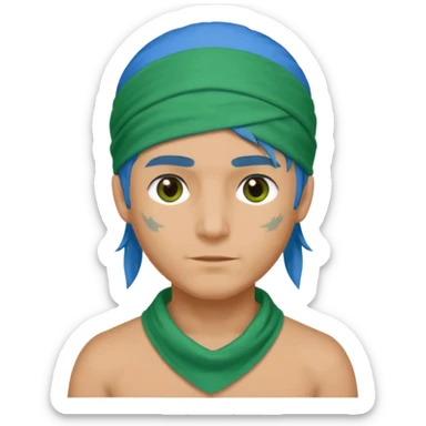 a man with half long blue hair, half short green hair and wearing head bandana sticker