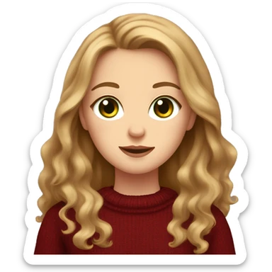 White girl with green eyes and long light brown wavy hair wearing a dark red sweater and holding a tortoiseshell cat sticker