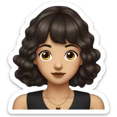 young woman with long dark red brown hair that is wavy with bangs parted to the sides and dark brown eyes. She wears a sleeveless black flapper dress with a cross necklace sticker