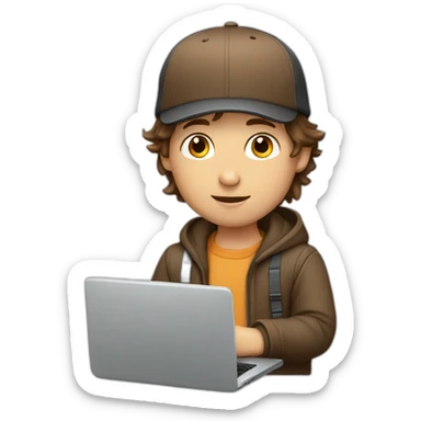 Boy with brown hair and cap with laptop sticker