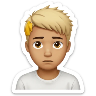 caramel skin color. Teen age. Short buzz, messy blonde hair, dark brown bushy eyebrows large expressive golden-brown eyes, brown skin color, scar over nose, wearing a plain white t-shirt. Disappointed thinking facial expression. caramel skin color. 20 year old male. sticker