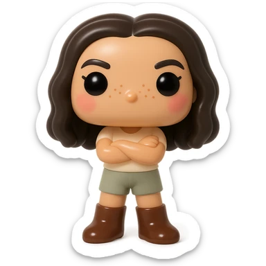 Funko Pop style vinyl figure, enhanced version: superior quality, smooth tanned skin, detailed dark hair, textured clothing with cream top and greige bottoms, dark greige leather boots clearly visible, arms crossed, rosy cheeks, very discreet freckles, mischievous and cheerful expression, no mouth, transparent background. sticker