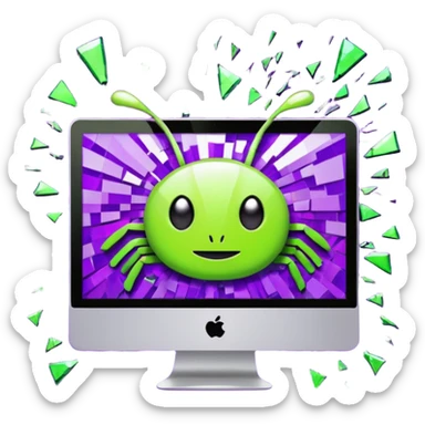 Broken computer screen with poxelated bugs. Color scheme is purple and limegreen sticker