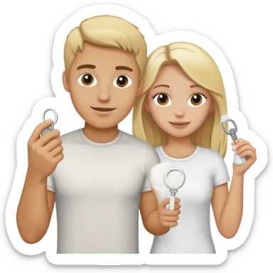 Blonde guy holding a bag of white powder and blonde girl holding a key sticker