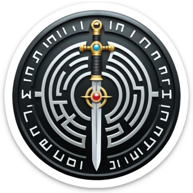 A vertical sword in the center of a circular maze, inside of which is embedded a thin astrolabe. The lines are strict, geometric, and symmetrical. The material is a dark metal (antimonium). The style is a minimalistic alchemical sign. sticker