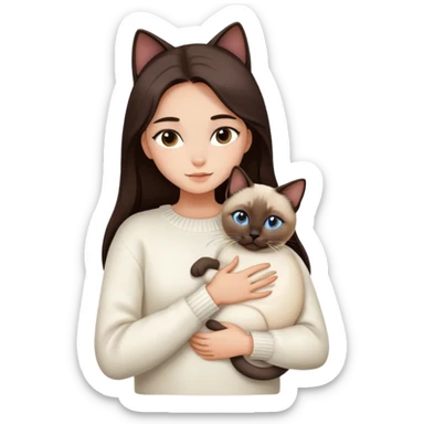a girl with long dark brown hair, in a white sweater, hugs a Siamese cat sticker