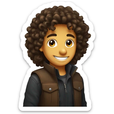 Jeune jeune garçon aux long cheveux bouclés noir yeux marron un sourire qui montre ses dents sticker