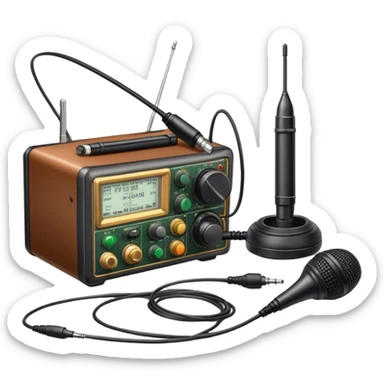 A photorealistic icon featuring a ham radio transceiver, headphones, microphone, antenna, and radio equipment like soldering tools and cables. The design includes detailed textures and realistic lighting, symbolizing the passion for amateur radio and communication. Transparent background. sticker
