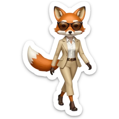 serious anthropomorphised female fox in stylish outfit with sunglasses, walking with confidence, full-body sticker