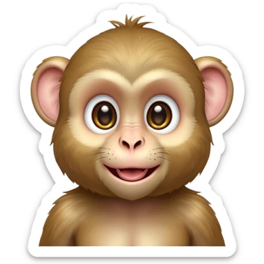 Cinematic Cute Macaque Portrait Emoji, Head tilted playfully and inquisitively, with a charmingly mischievous face accented by soft, fuzzy fur and round, sparkling eyes filled with curiosity, Simplified yet irresistibly adorable features, highly detailed, glowing with a warm, friendly glow, high shine, affectionate and lively, stylized with a touch of primate whimsy, bright and endearing, soft glowing outline, capturing the essence of a playful macaque that seems as if it could jump out of the screen into your arms! sticker