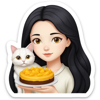 A beautiful girl with long black hair holding a mango cake and a white long-haired cat sticker