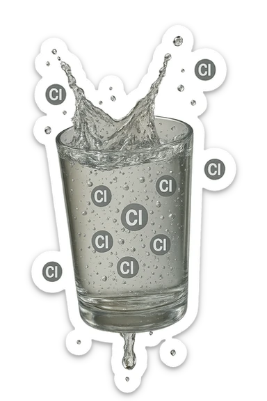 un bicchiere di acqua cade verticalmente dall'alto realistico e dettagliato, dentro l'acqua del bicchiere ci sono particelle di cloro ben visibili con la scritta "Cl" sopra, ci sono particelle anche che escono dal bicchiere e fluttuano in aria verticalmente, mentre alcune sono all'interno dell'acqua nel bicchiere, iperrealistico 4k sticker