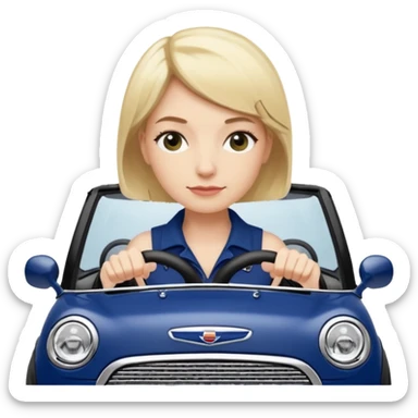 navy blue convertible Mini Cooper, with short, blonde colored haired woman driving - update woman to fair skinned sticker