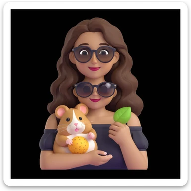 charming modern emoji of a young woman with medium skin tone, long wavy dark brown hair, black off-shoulder top, warm friendly smile, cute hamster with round sunglasses and seed perched on her shoulder, subtle neutral gradient background, radiating joy and warmth sticker