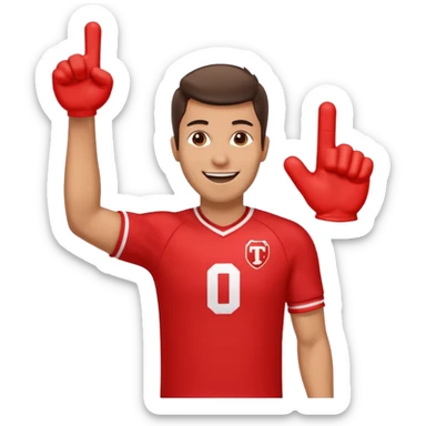 A cheerful man in a team jersey, waving a giant red foam finger high with an excited grin. sticker