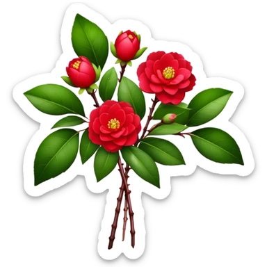 bouquet Red Camellia, luxuriant, stem, leaf, bud sticker
