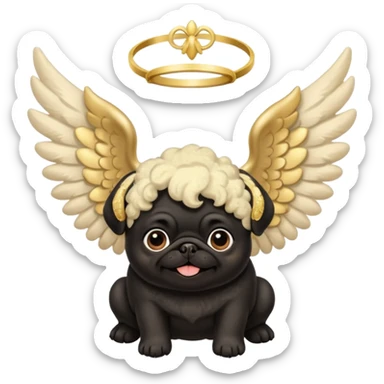 Black pug with big fluffy cream colored angel wings with gold dust on them sticker