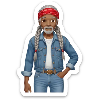 90 year old black man with long braided gray hair, dressed in 501 Levi's dinum jeans with red bandana hanging out his back pocket  sticker