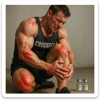 realistic and anatomical crossfit athlete with swollen and reddened joints, detailed muscles, painful posture, vials of 'Stanozololo' nearby, natural light, neutral background sticker