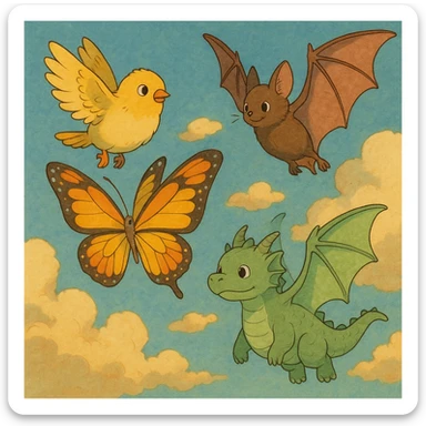 a whimsical collection of animals with wings including a bird, bat, butterfly, and dragon in ghibli style sticker