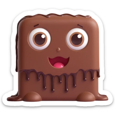 Rectangular chocolate mini pastry, slightly messy and squished, chocolate dripping, big round eyes, wide open mouth, playful surprised expression, text above: "ПАСТИЧКА", chibi style, Twitch emoji style, transparent background, colorful

 sticker