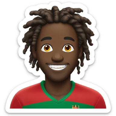  Young black man- 4 inch short black nappy messy dread locks-  low eyebrows - low eyes - no facial hair laughing Portugal jersey lean crazy smile  sticker