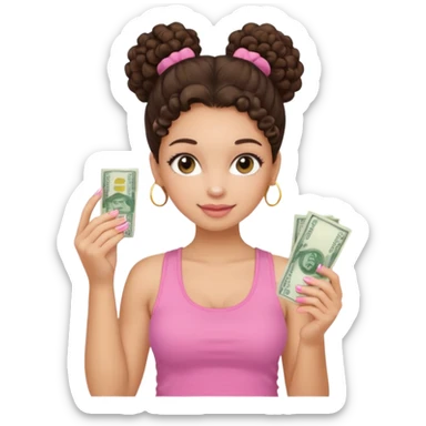 Uma menina com o cabelo cacheado com um Coque com baby hair morena, e com uma regata rosa com unha em gel,e com dinheiro na mão , sticker