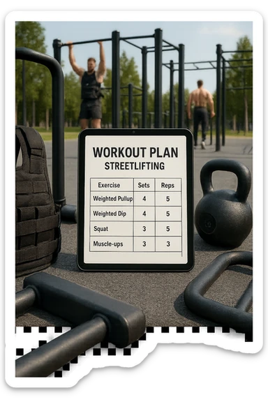 a detailed workout plan for streetlifting displayed on a clipboard or digital tablet, surrounded by gym equipment like weighted vests, dip bars, pull-up bars, and kettlebells. The plan includes exercises such as weighted pull-ups, weighted dips, squats, and muscle-ups, with sets and reps clearly visible. The background is a modern outdoor calisthenics park, with athletes training in the distance. sticker