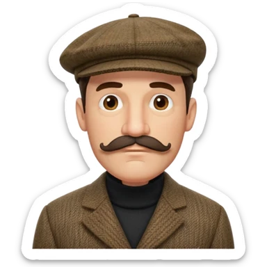 three quarter head profile huge mustache big sideburns sport coat black turtleneck tweed flat cap, squinting eyes trying to puzzle out sticker