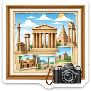 Icon for Historical and Cultural Tourism: iconic landmarks like ancient ruins, a museum and a historical monument, with a travel guidebook and camera. The icon should capture the exploration of history and culture. Transparent background. sticker
