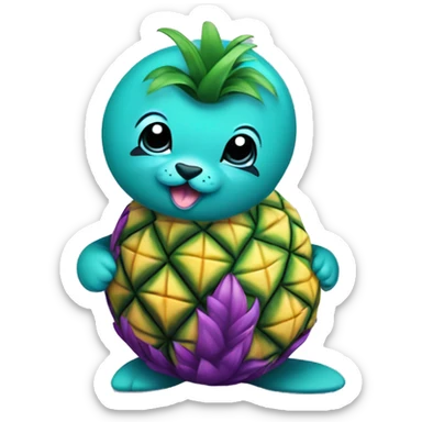 teal-colored seal holding a purple-colored pineapple sticker