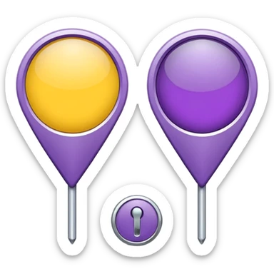 simple, minimalistic yellow (hex#FFD008) and purple (hex#8C52FF) icons of a pin location (round top and sharp bottom) sticker