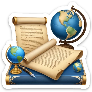 An icon featuring an ancient scroll, a quill pen, and a globe, symbolizing the study of history. The design includes a timeline with significant historical events, with ruins in the background to evoke past civilizations. Transparent background emphasizes the exploration of human history sticker