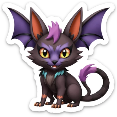 Black edgy Noivern-Noibat-Purloin-Torracat-Lykoi-Caracal-cat-Fakemon-fusion-hybrid-creature with bat wings on head as ears, big fangs, gothic markings sticker