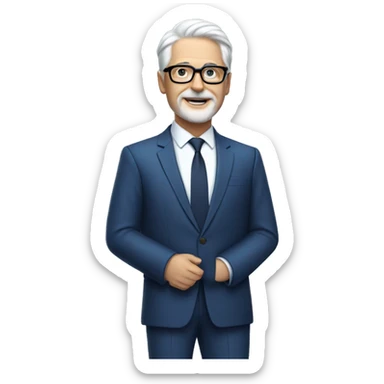 an 55 years old CEO with white short hair and a small white beard wearing a fine blue suit and black glasses. sticker
