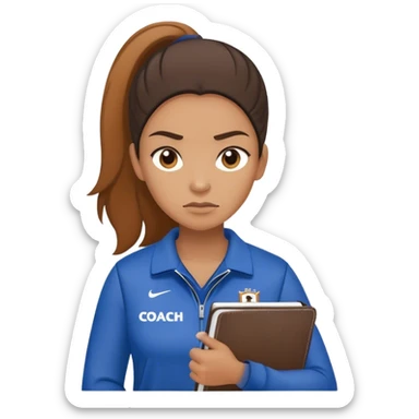 yelling female sport coach with coach wear(with LockIn written on it) and holding a notebook sticker