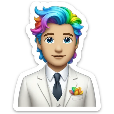 Posh-boy-with-white-suit-and-blue-eyes-and-rainbow-unicorn-hair sticker