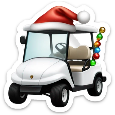 White golf cart with holiday lights, and Santa hat on top sticker