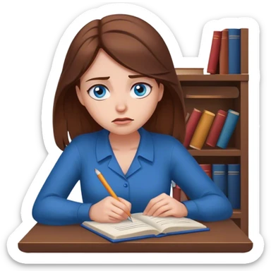 female writer, romantic, with brown hair, fair skin and blue eyes writing a book with a worried face sticker