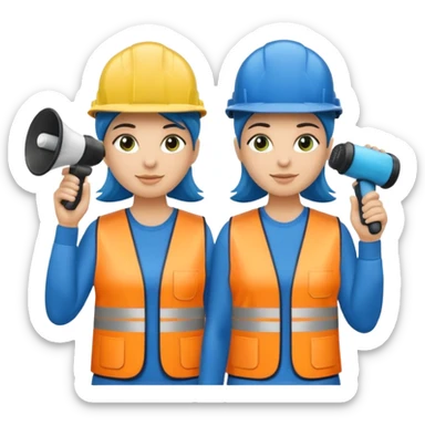 Duas pessoas com capacete de obras azul e um megafone na mão e camisa social cinza com faixas reflexivas verdes nos braços. Deve ser um homem e uma mulher. Os dois capacetes devem será azul escuro. sticker