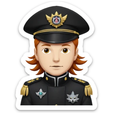 An auburn-hair'ed admiral with a flawless bear and mustache wearing a black admiral outfit and hat with Wolf Ears coming out of the hat, and 9 tails behind him, with the admiral black shirt featuring on the left breast pocket the insignia of Helldivers 2 sticker