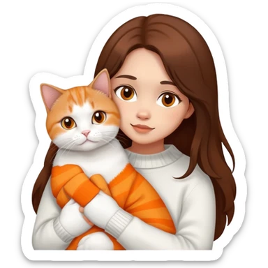 a girl with long dark brown hair, in a white sweater, hugs a Scottish fold orangeorange and white one cat. sticker