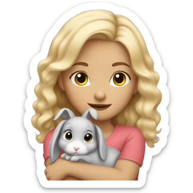 Blond wavy hair girl cuddling a cute grey rabbit sticker