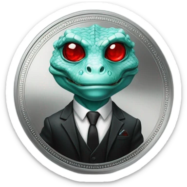 Aquamarine reptilian in classic black suite with red laser eyes on the middle of platinum coin sticker