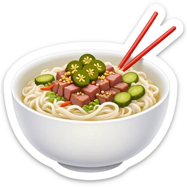 Guilin rice noodles with pickles and meat topping, simplified emoji style with bold outlines and bright colors, cartoon style rice noodle bowl sticker