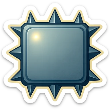 Edit the metal slab to have all spikes on the side edges short, fat, and extremely pointy triangular. Each spike should point directly up, down, left, or right, perpendicular to the edge it is on. Maintain the head-on view, retro sticker style, and transparent background. sticker