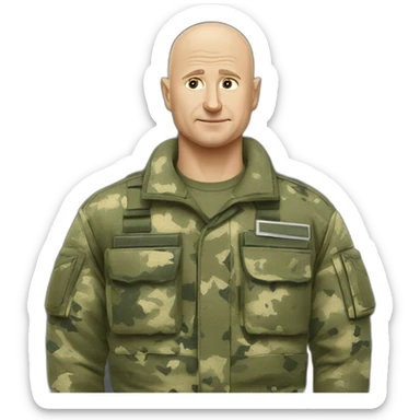 prigoZhin eugene points back in camouflage uniforms bald head speak mobile phone sticker
