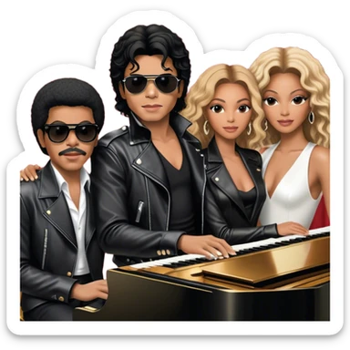 Michael Jackson in his black leather jacket, Beyoncé in a glamorous stage outfit, Lionel Richie in his classic look, Whitney Houston in her famous dress, and Ray Charles in black glasses sitting at a piano. Transparent background. sticker