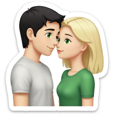 Smiling kissing couple of boy with short black hair and green eyes and blonde girl with long hair sticker