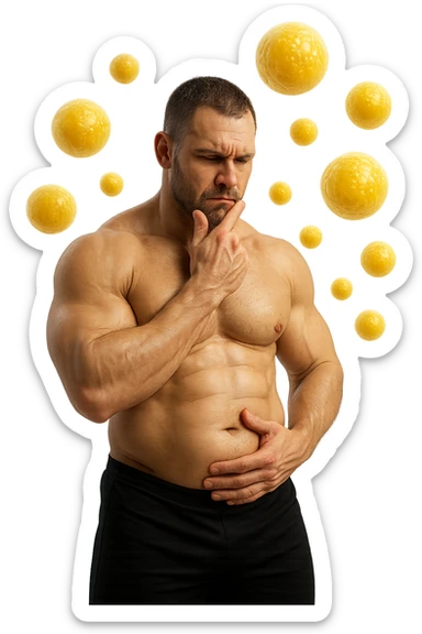 bodybuilder che si tocca la pancia con espressione pensierosa in volto, cellule di grasso gialle (adipociti) fluttuano dietro di lui, iperrealistico 4k sticker
